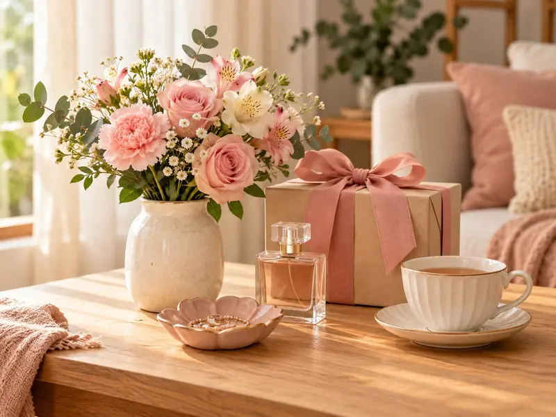 Regalos por mayor para el Día de la Madre: flores, perfume, taza y alhajero