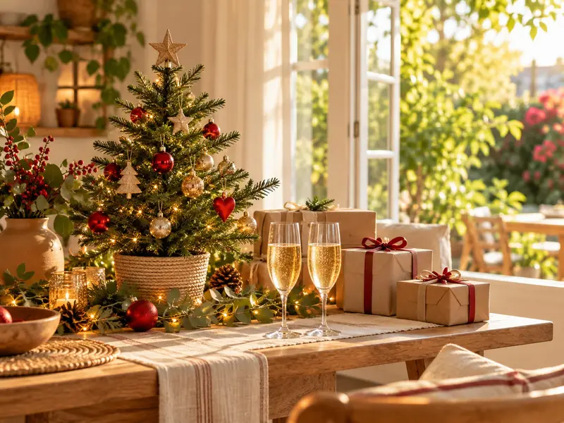 Decoración navideña por mayor: arbolito, adornos, luces y regalos